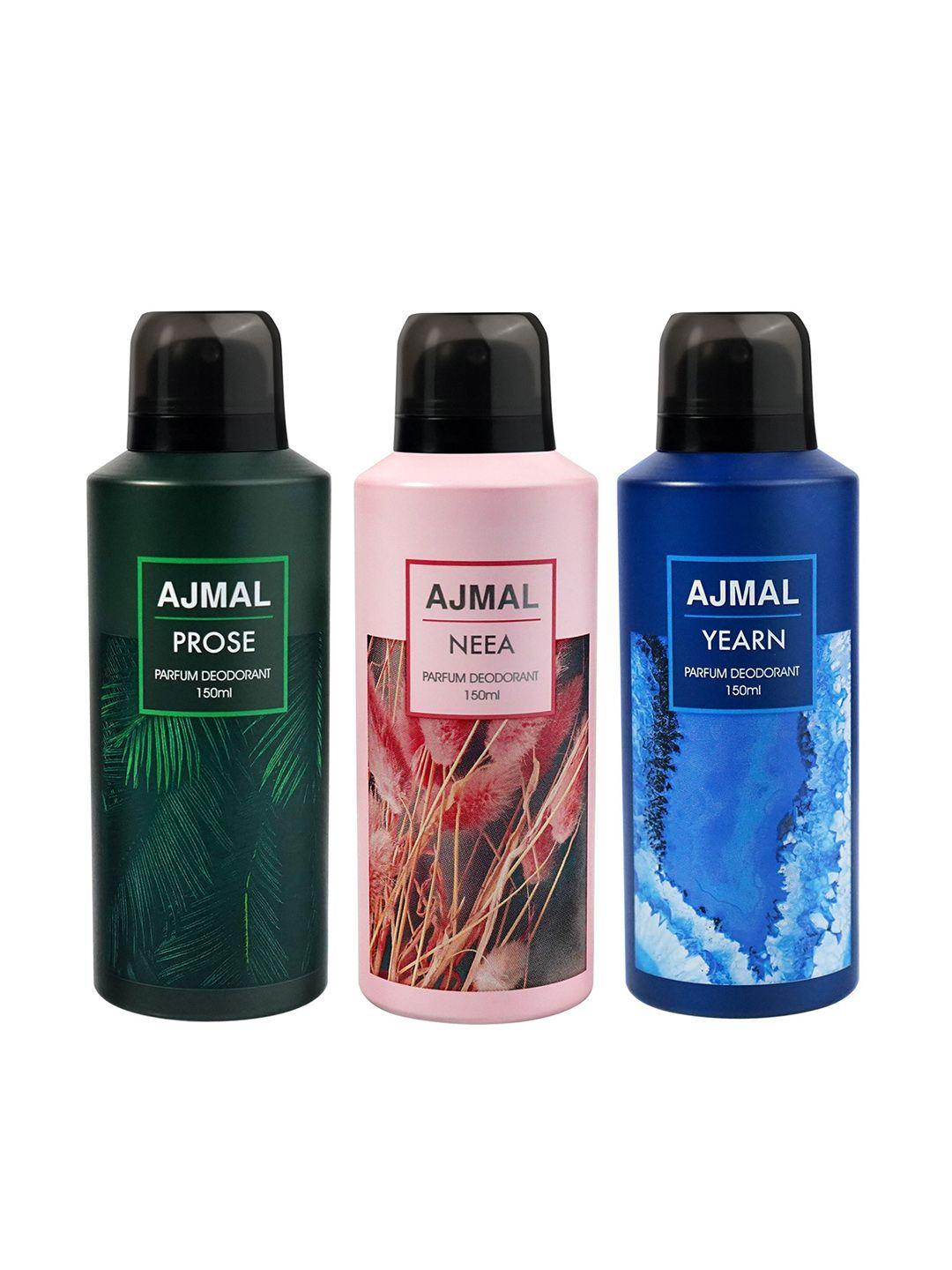 ajmal set of 3 neea + prose + yearn long lasting perfume deodorant - 150 ml each
