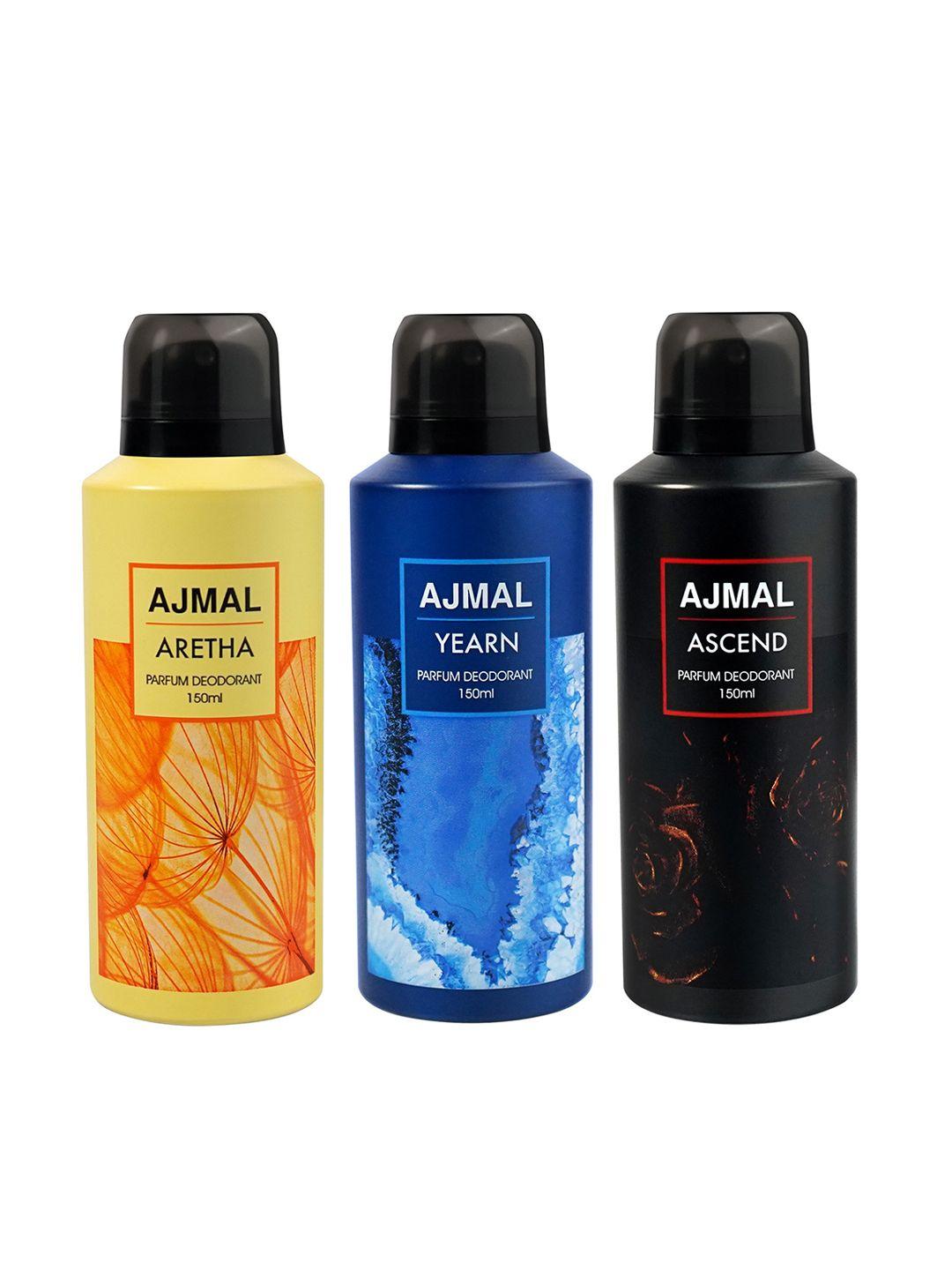 ajmal set of 3 yearn + ascend + aretha long lasting perfume deodorant - 150 ml each
