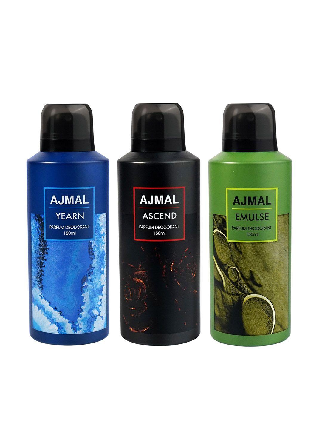 ajmal set of 3 yearn + ascend + emulse long lasting perfume deodorant - 150 ml each