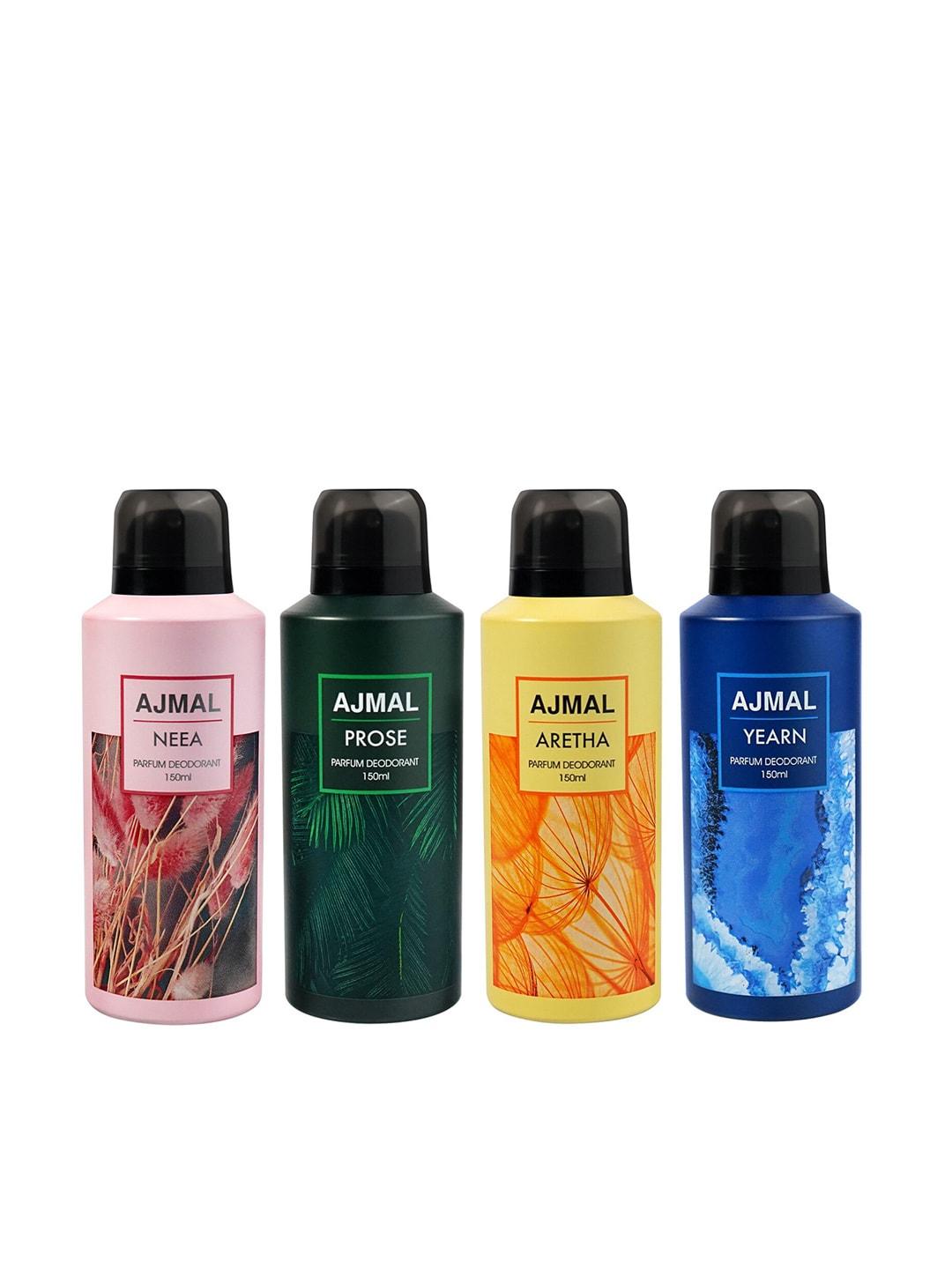 ajmal set of 4 neea + aretha + prose + yearn long lasting perfume deodorant - 150 ml each