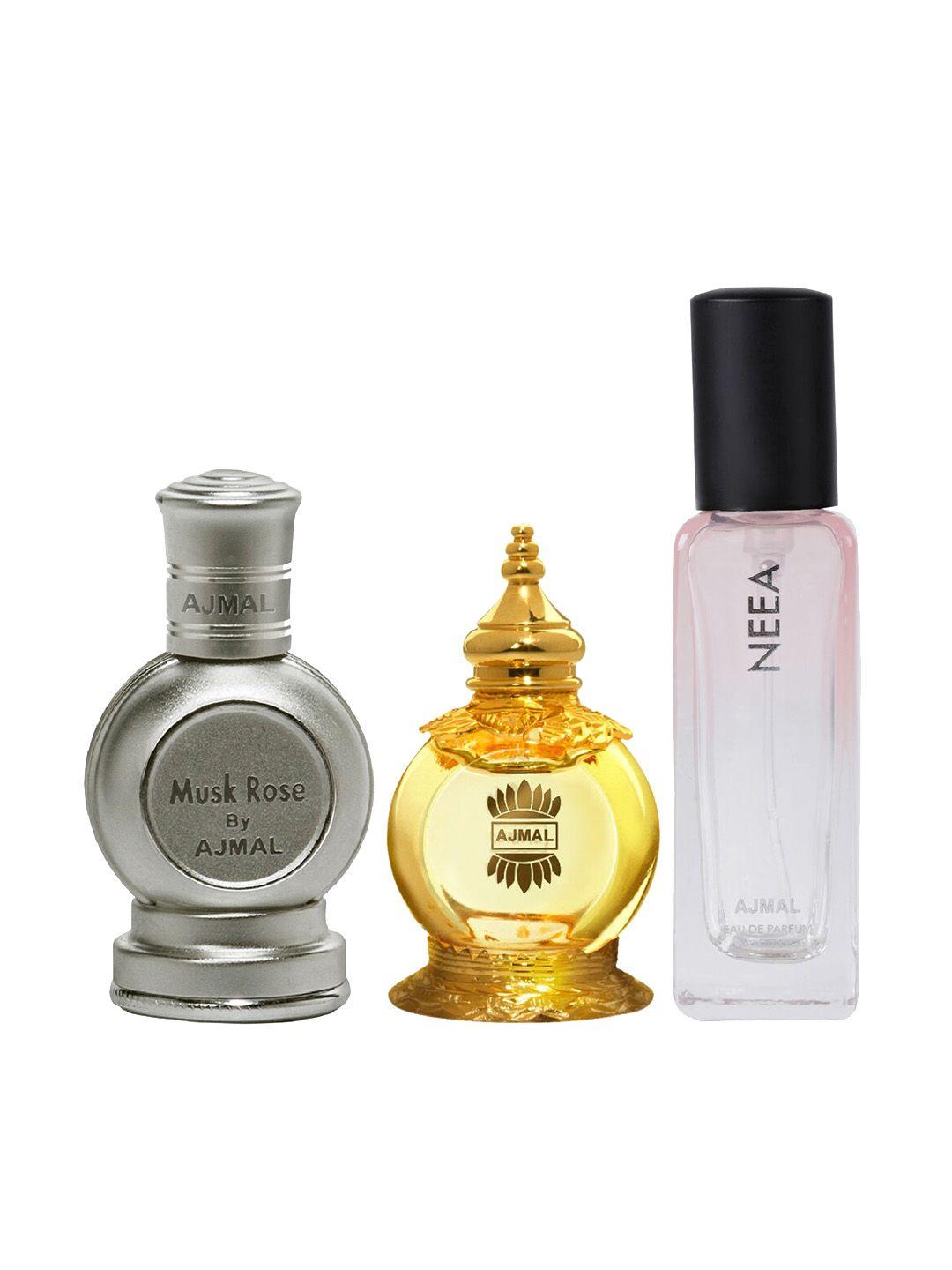 ajmal unisex pack of 3  eau de parfums - musk rose & mukhallat al wafa & neea