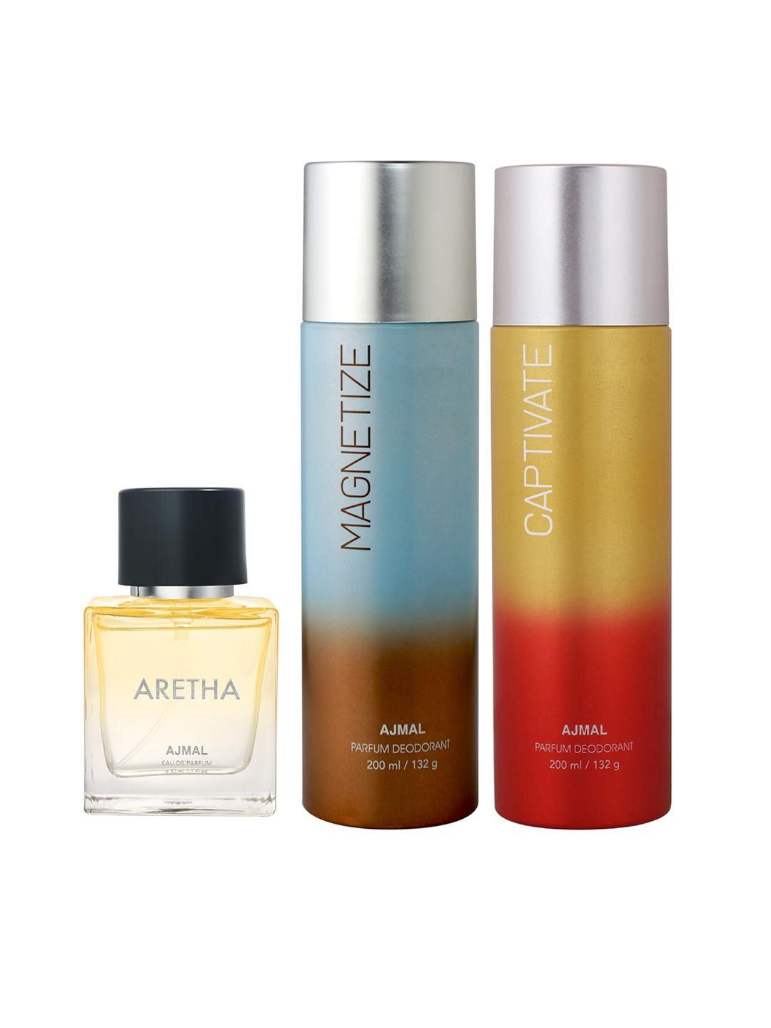 ajmal aretha eau de parfum 50ml with magnetize & captivate deodorant 200ml each