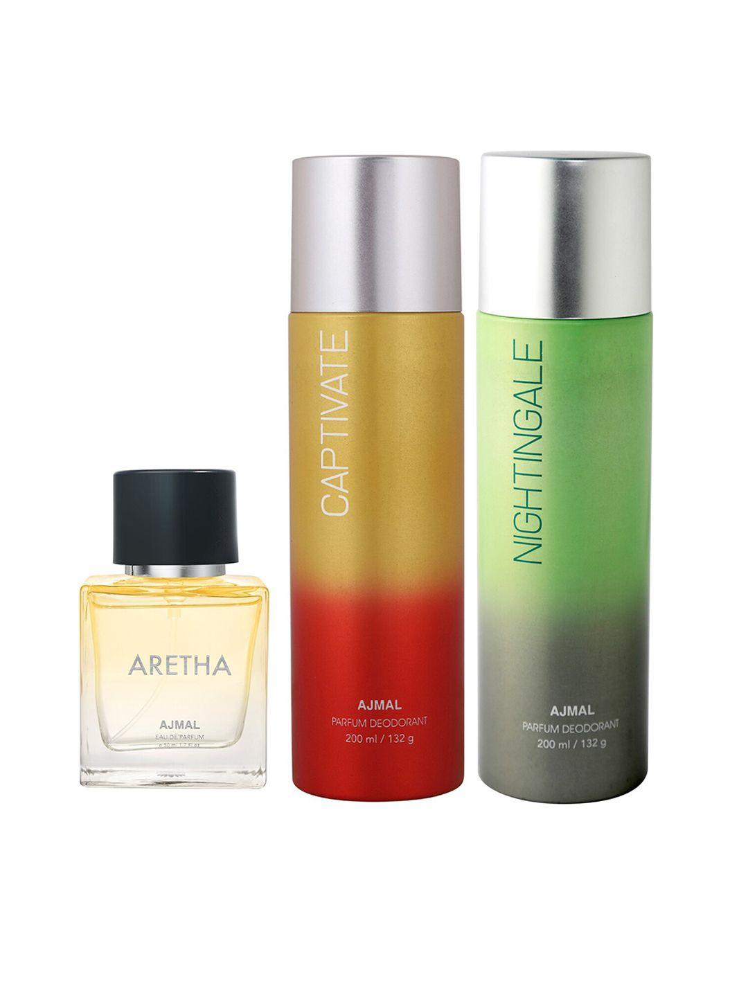 ajmal aretha eau de parfum 50ml with nightingale & captivate deodorant 200ml each
