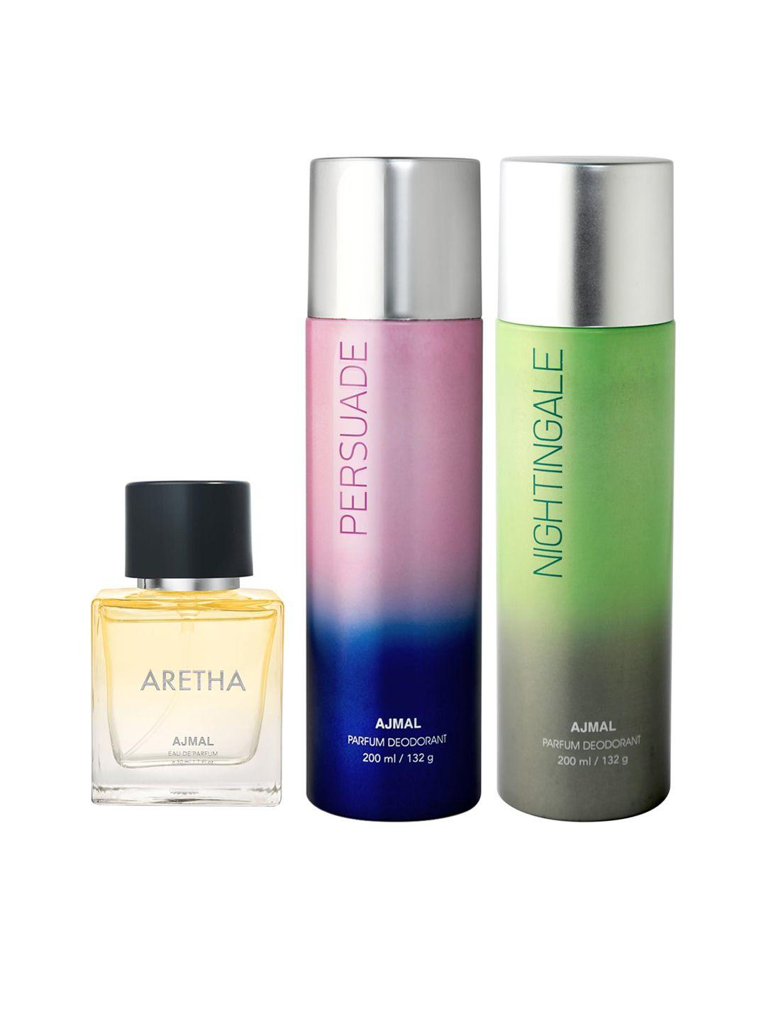 ajmal aretha eau de parfum 50ml with persuade & nightingale deodorant 200ml each