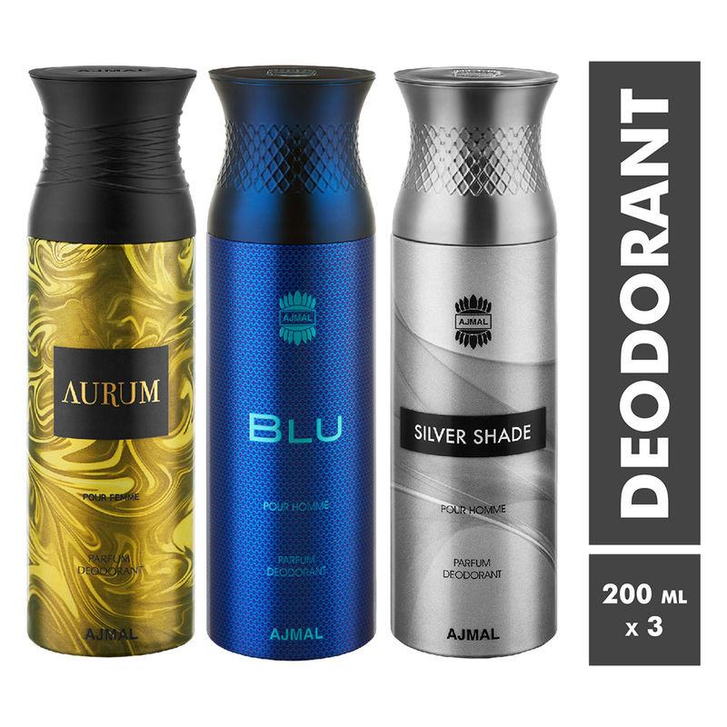 ajmal aurum, blu & silver shade parfum deodorant for men and women - pack of 3