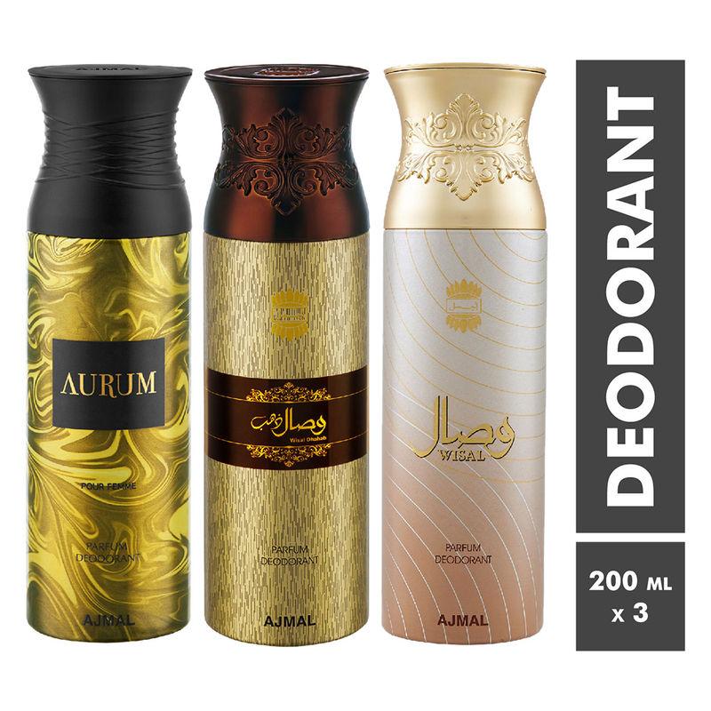 ajmal aurum, wisal dhahab & wisal parfum deodorant for men and women - pack of 3