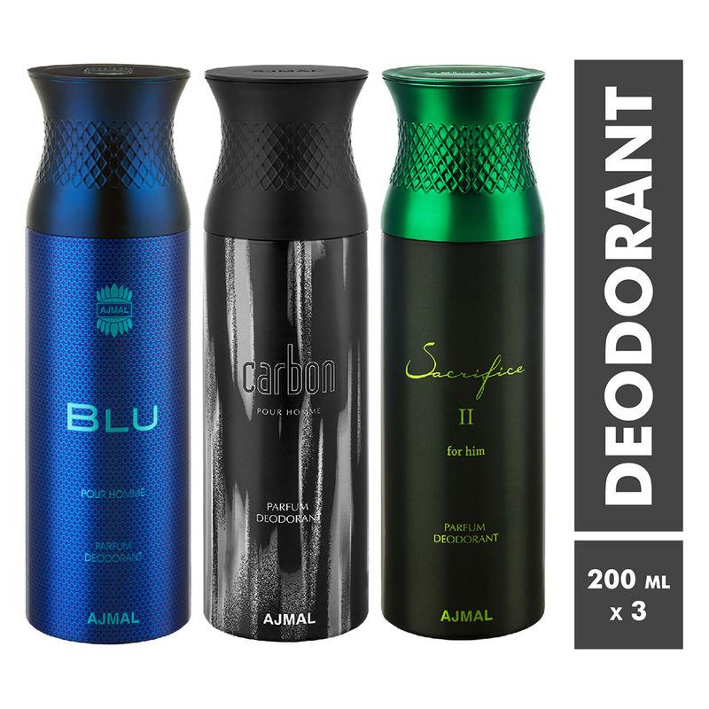 ajmal blu, carbon & sacrifice ii parfum deodorant for men - pack of 3