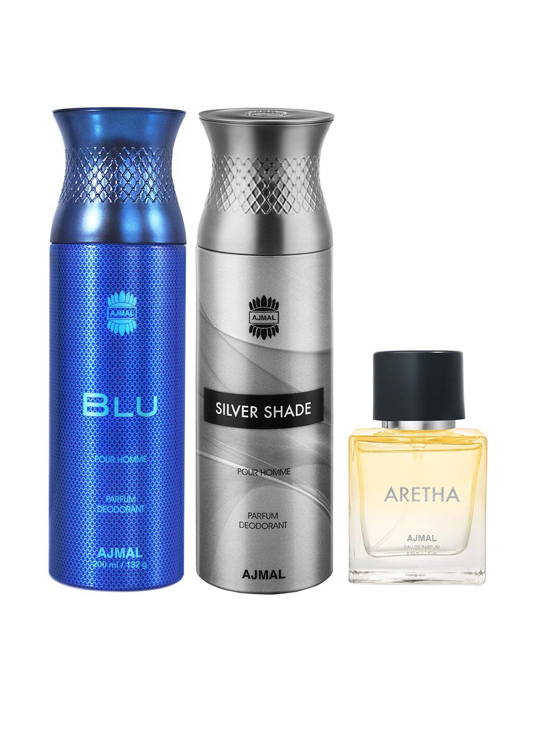 ajmal men blu deodorant 200ml + men silver shade deodorant 200ml + aretha edp 50ml