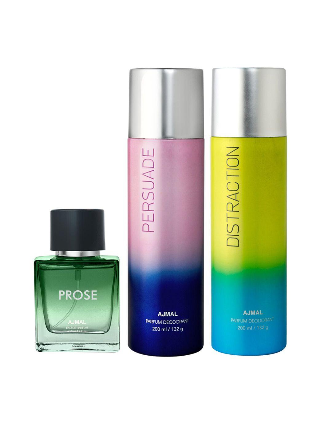 ajmal prose eau de parfum 50ml with persuade & distraction deodorant 200ml each