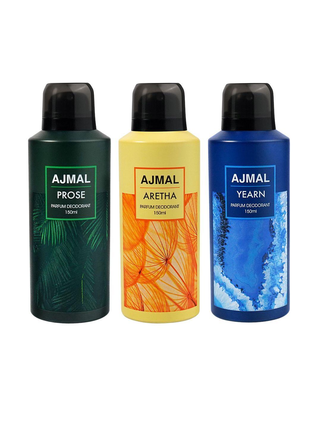 ajmal set of 3 prose + aretha + yearn long lasting perfume deodorant - 150 ml each