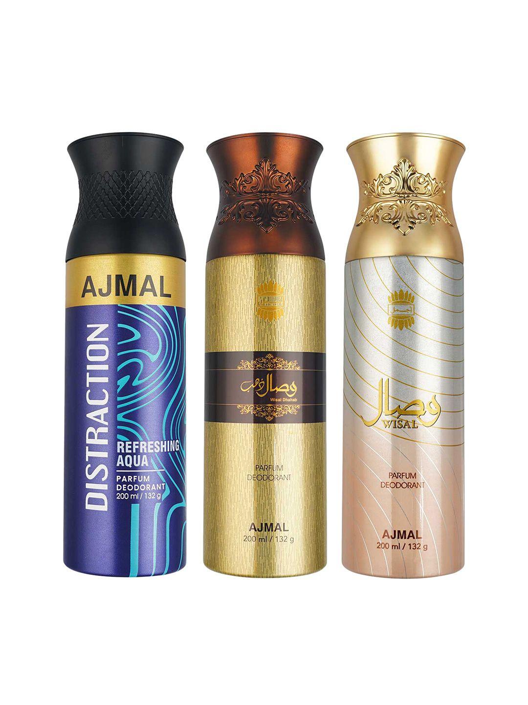 ajmal set of distraction + wisal dhahab + wisal deodorants - 200 ml each