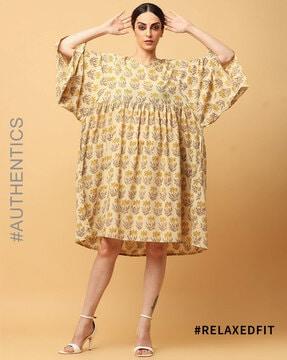 ajrak handblock cotton v-neck flared dress with inserted pocket