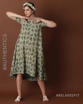 ajrak handblock cotton v-neck tiered dress with inserted pocket