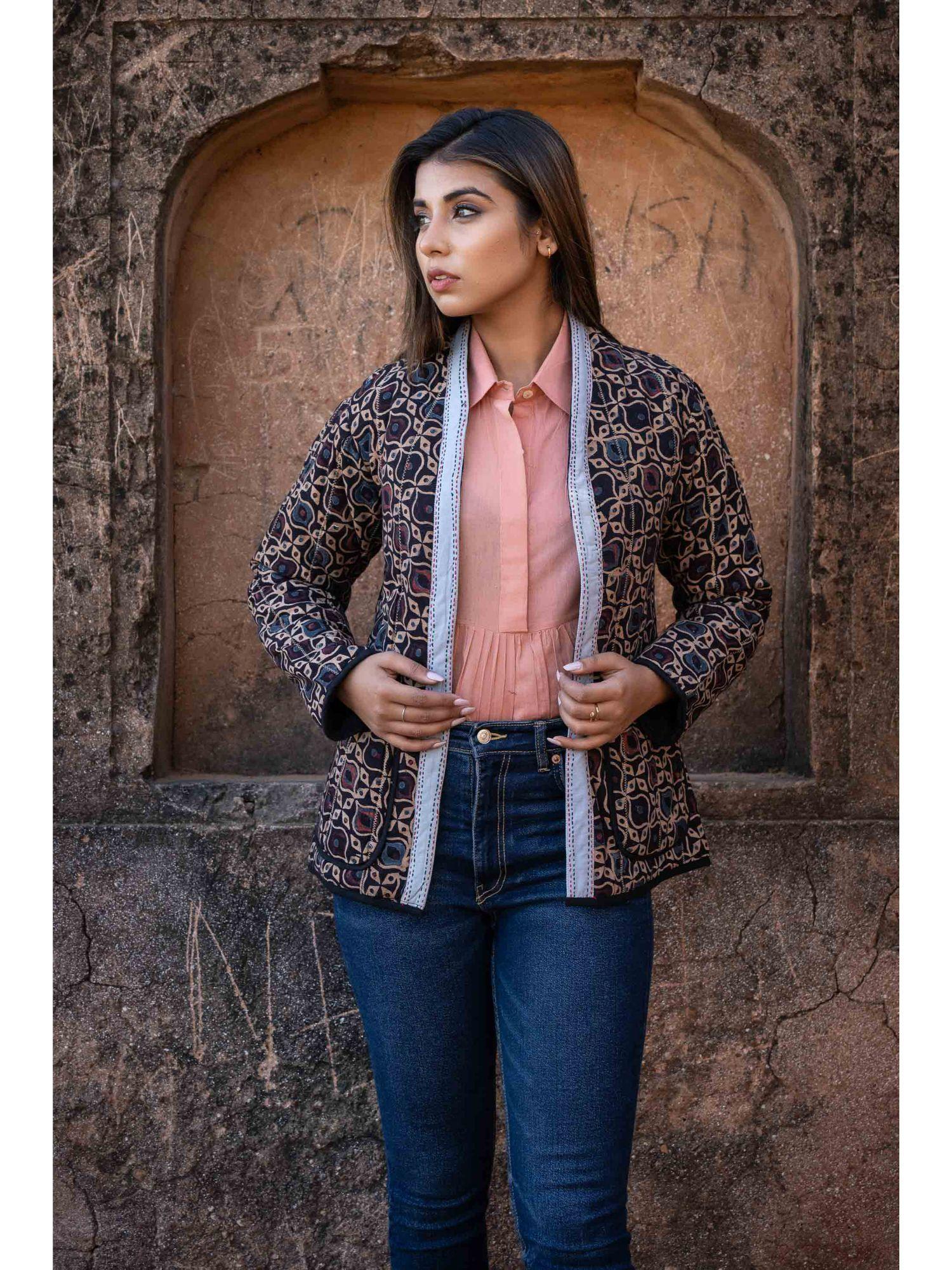 ajrakh block printed quilted puffer jacket