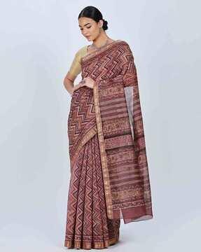 ajrakh chevron print maheshwari cotton silk saree