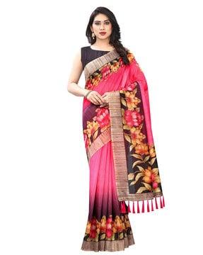 ajrakh kalamkari cotton digital printed tassel saree with blouse piece