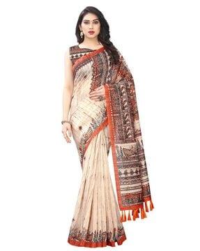 ajrakh kalamkari cotton digital printed tassel saree with blouse piece