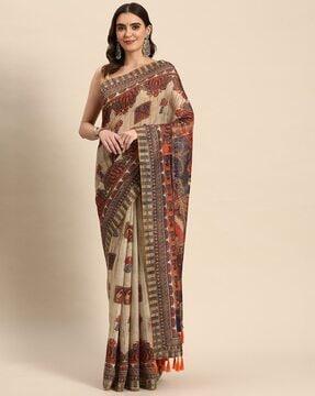 ajrakh kalamkari cotton digital printed tassel saree with blouse piece