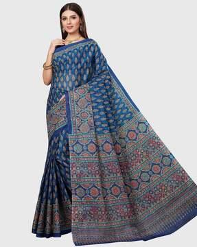 ajrakh print cotton saree with thin border