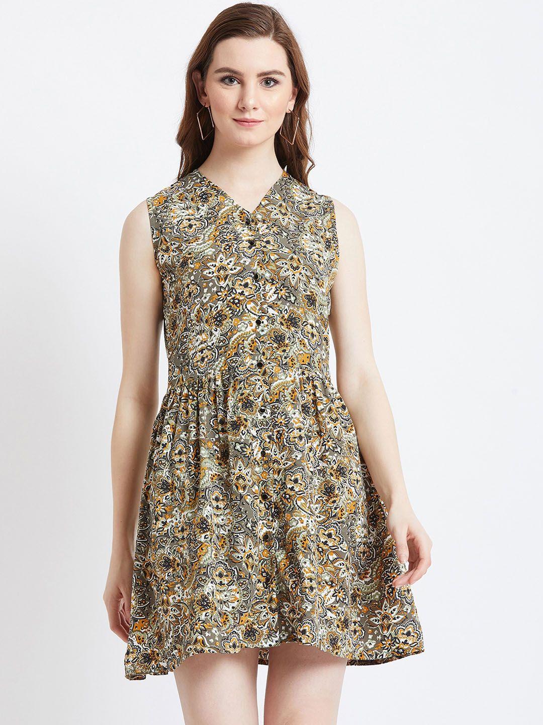 akaayu women green & yellow printed fit and flare dress