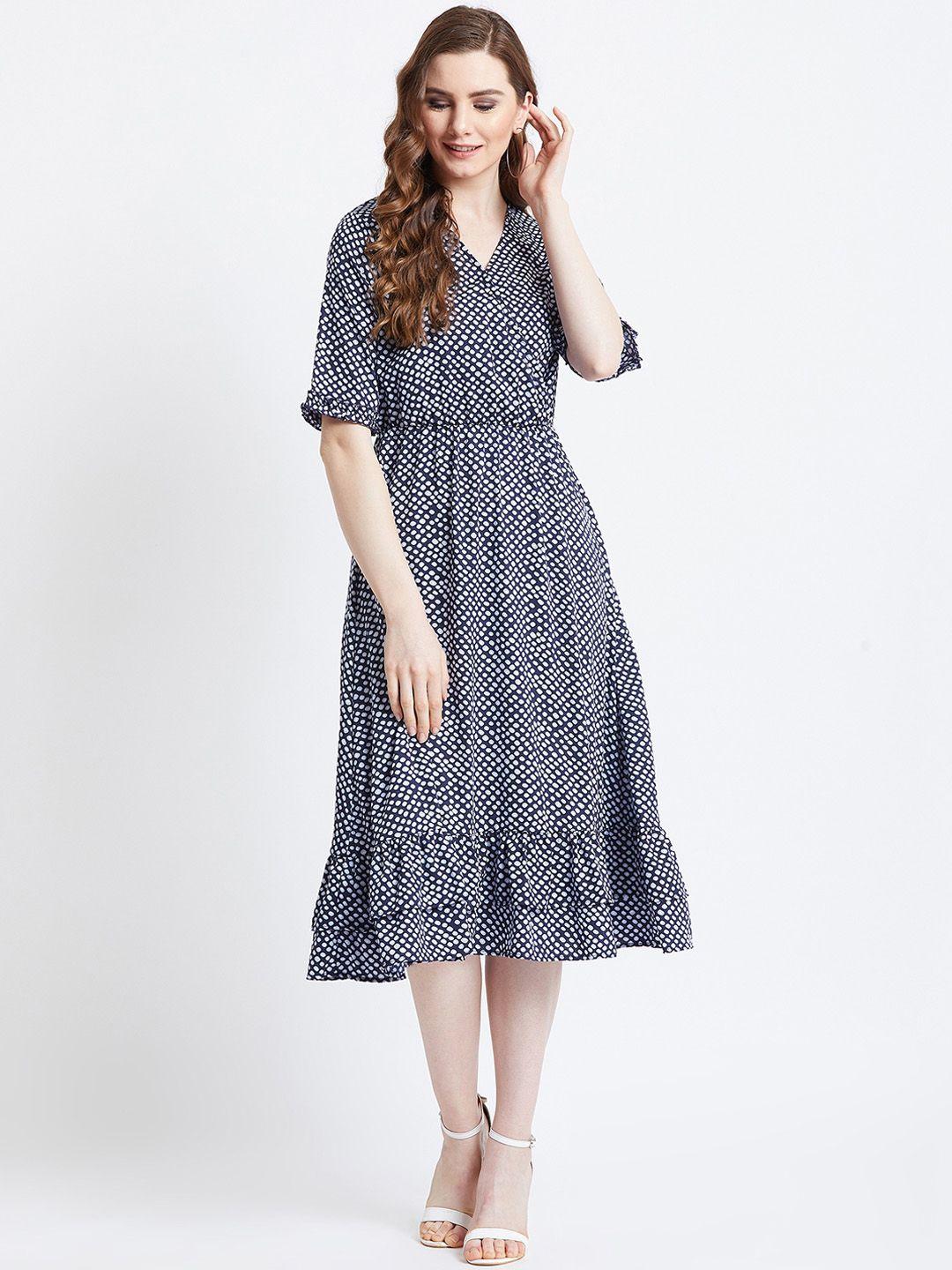 akaayu women navy blue & white printed fit and flare dress