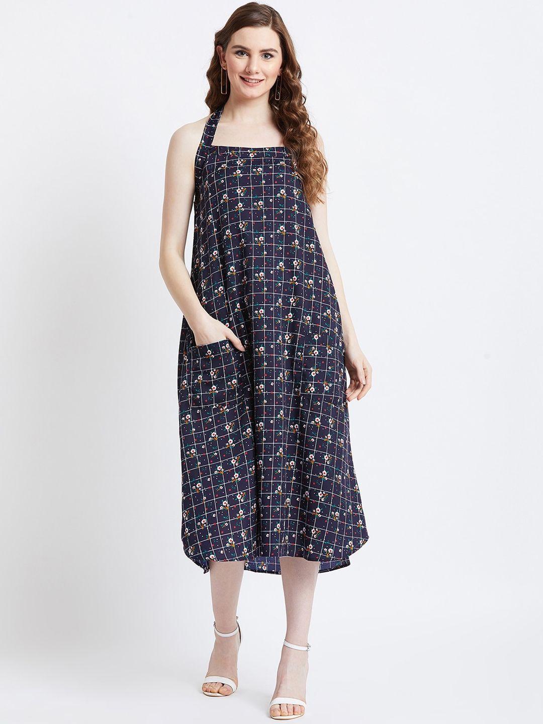 akaayu women navy blue printed a-line dress