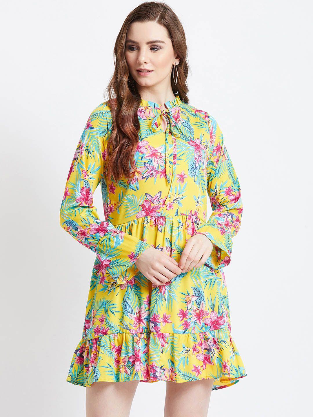 akaayu women yellow & pink floral printed fit and flare dress