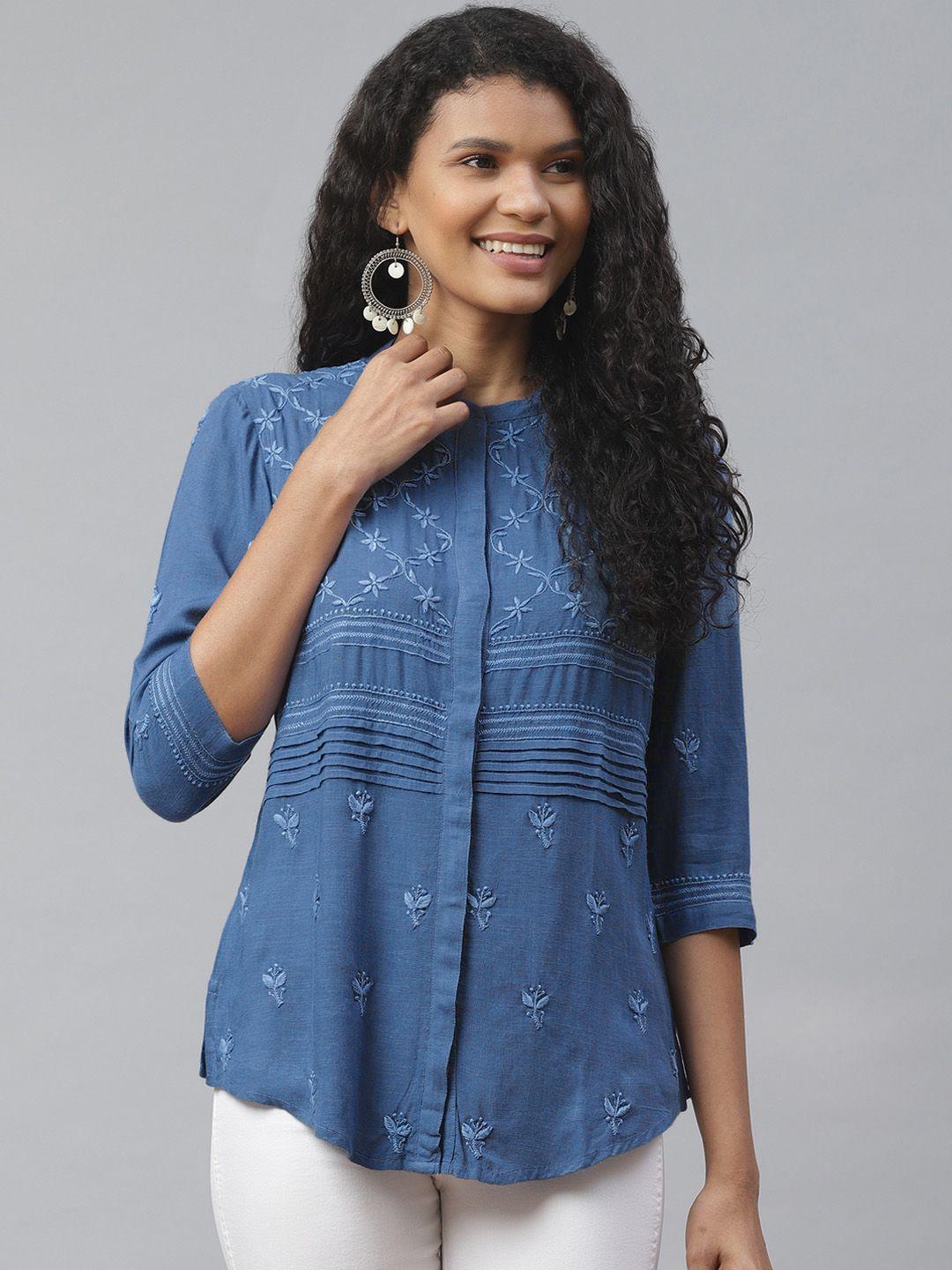 akheri women blue chikankari embroidered casual shirt