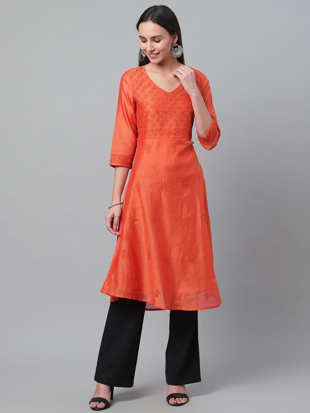 akheri women orange chikankari embroidered chanderi a-line kurta