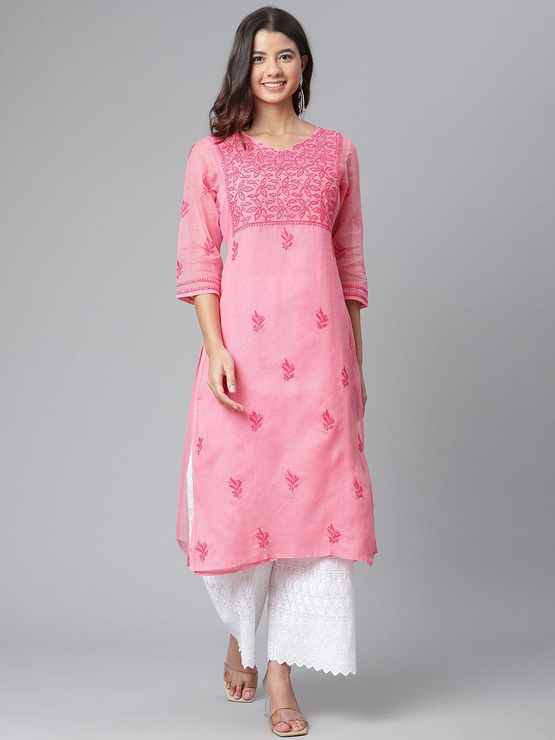 akheri women pink ethnic motifs embroidered chikankari kota kurta with detachable inner
