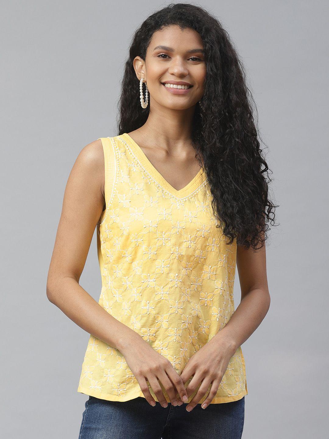 akheri women yellow & white chikankari embroidered pure cotton top