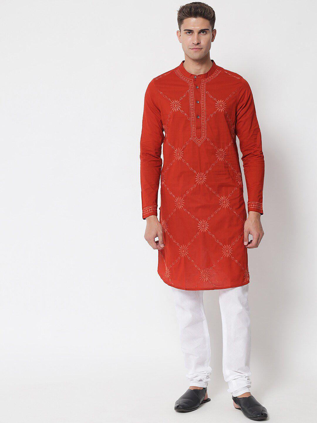 akheri floral embroidered chikankari detailed mandarin collar pure cotton straight kurta