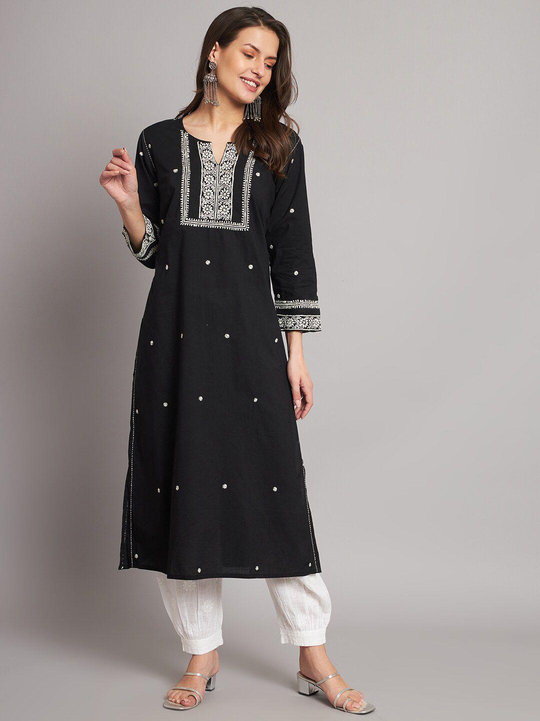 akheri floral embroidered cotton notched round neck kurta