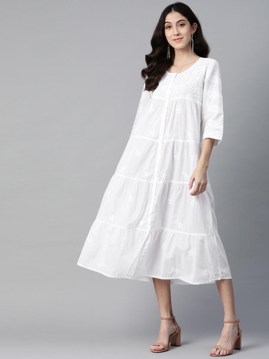 akheri white ethnic motifs embroidered cotton tiered a-line midi dress