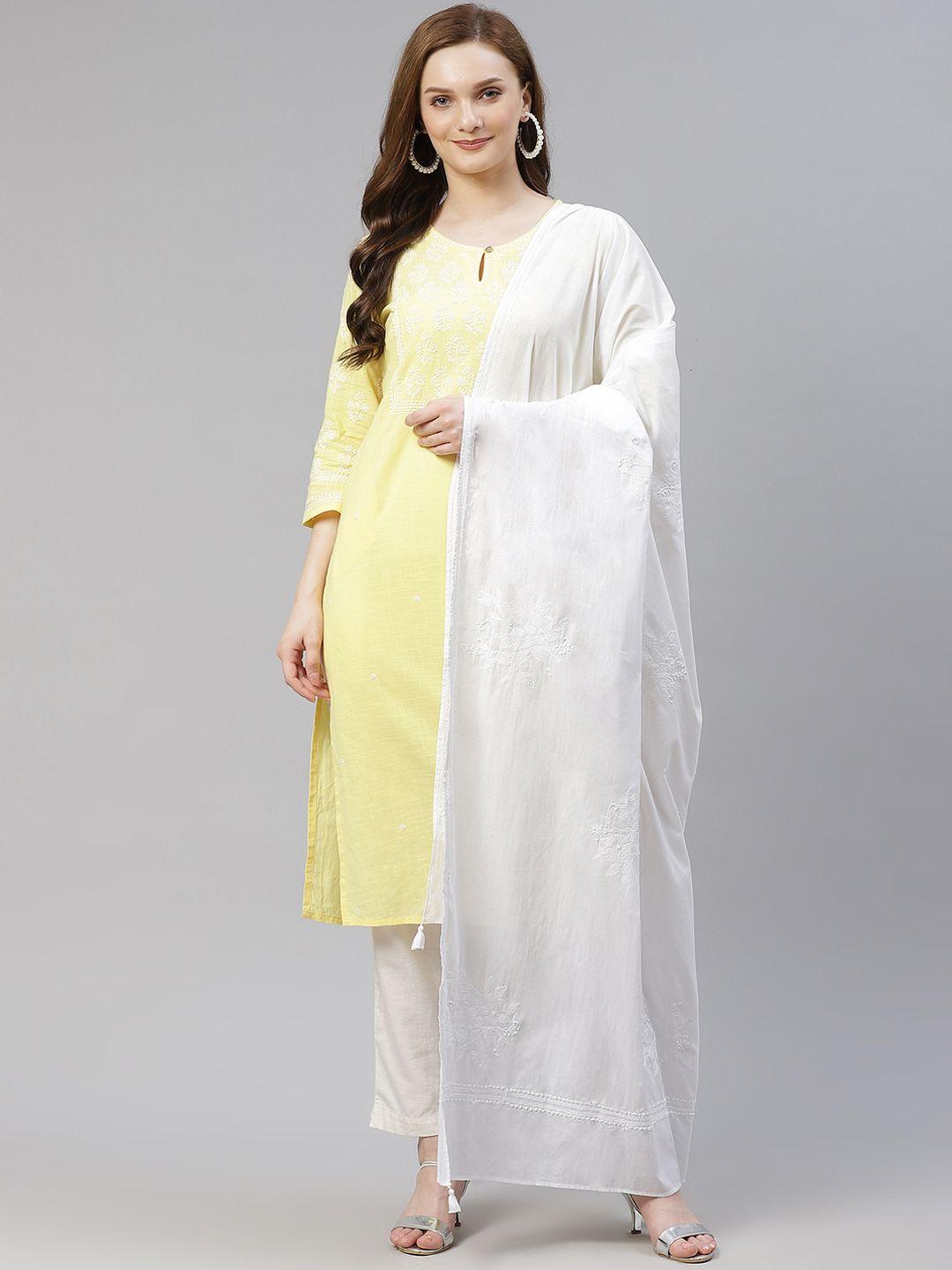 akheri white ethnic motifs embroidered pure cotton dupatta with chikankari detail