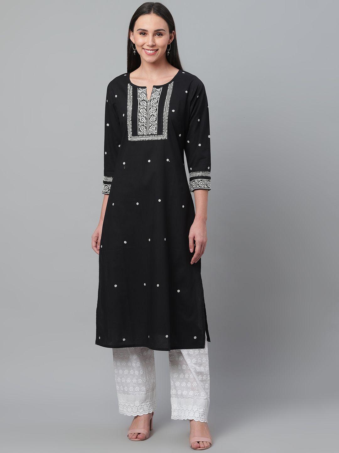 akheri women black & white chikankari embroidered straight kurta