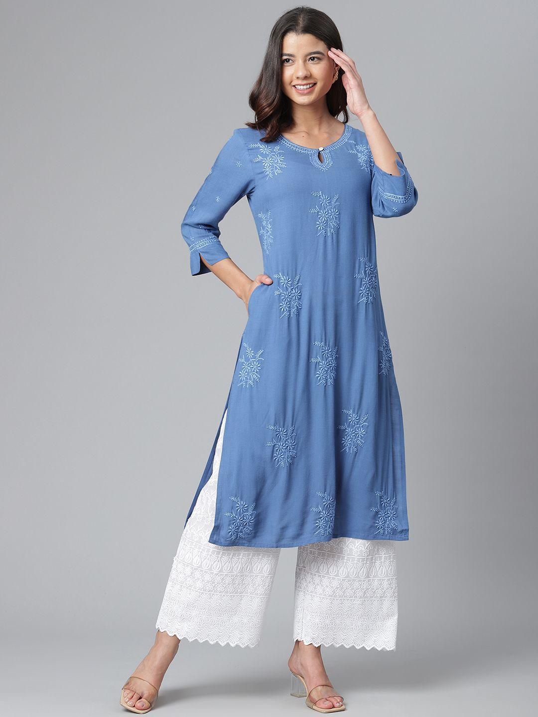 akheri women blue ethnic motif embroidered keyhole neck kurta