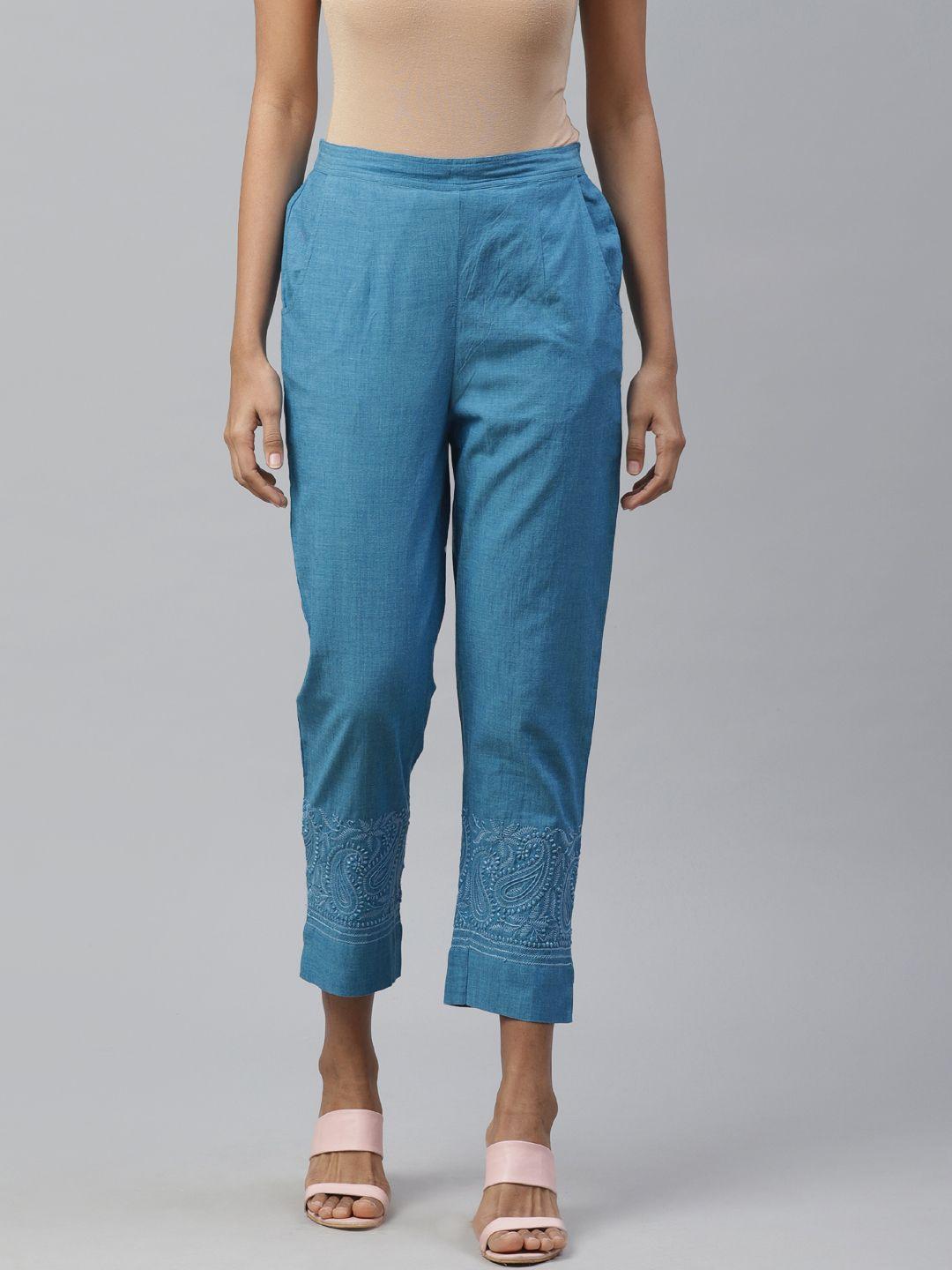 akheri women blue slim fit chikankari embroidered detail handloom regular trousers