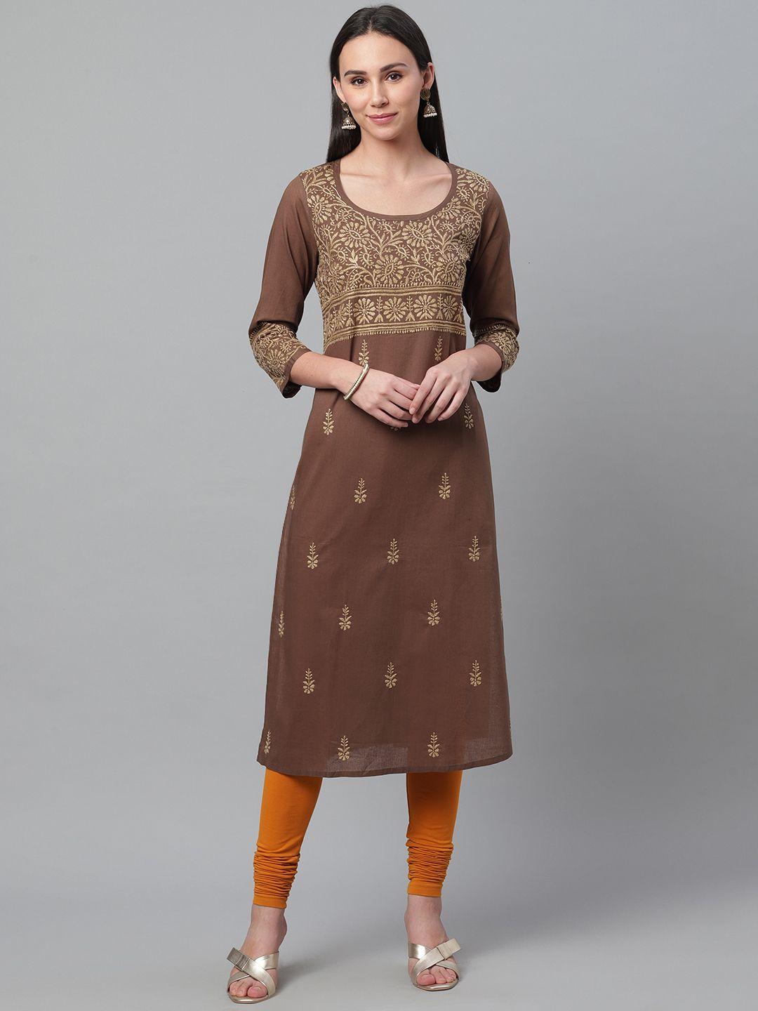 akheri women brown & beige chikankari embroidered straight kurta