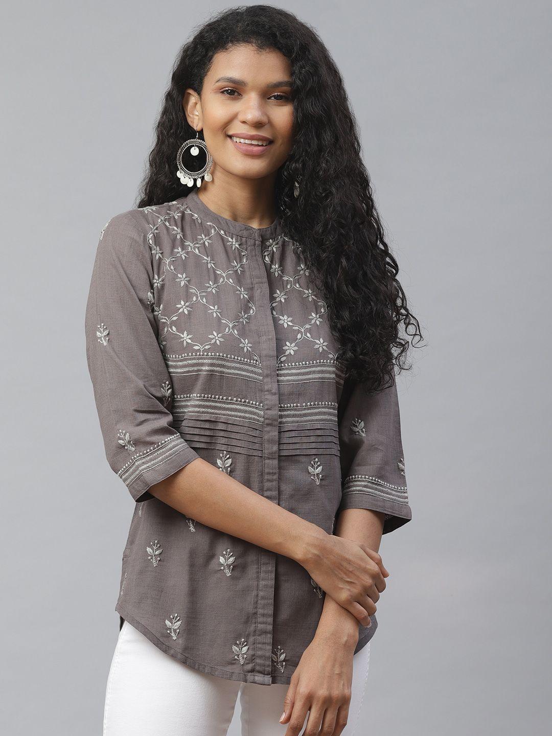 akheri women charcoal grey chikankari embroidered casual shirt