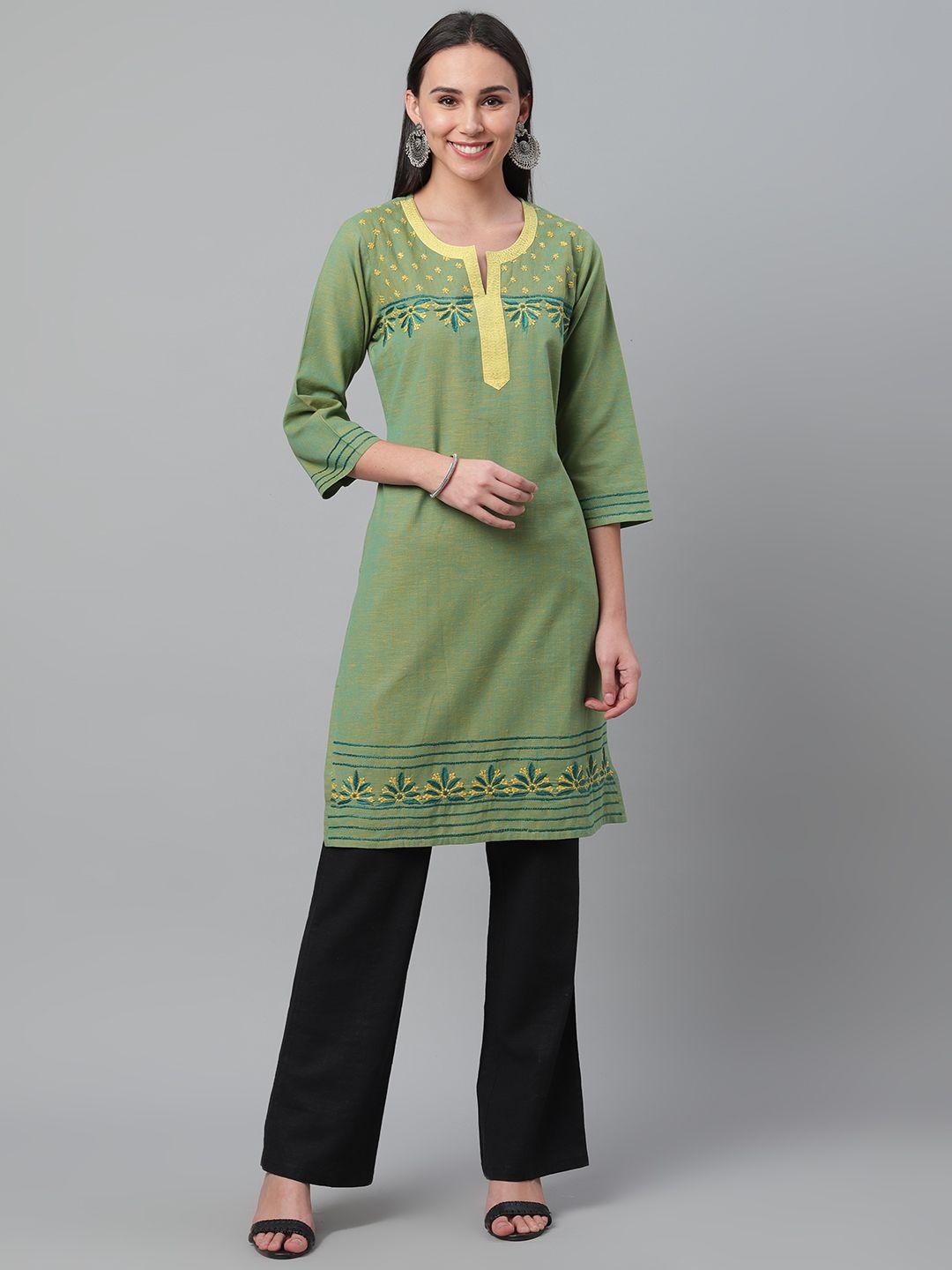 akheri women green & yellow yoke design chikankari embroidered mangalgiri straight kurta