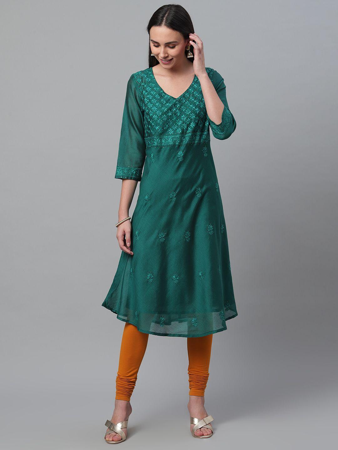 akheri women green chikankari embroidered mukaish-work layered a-line kurta