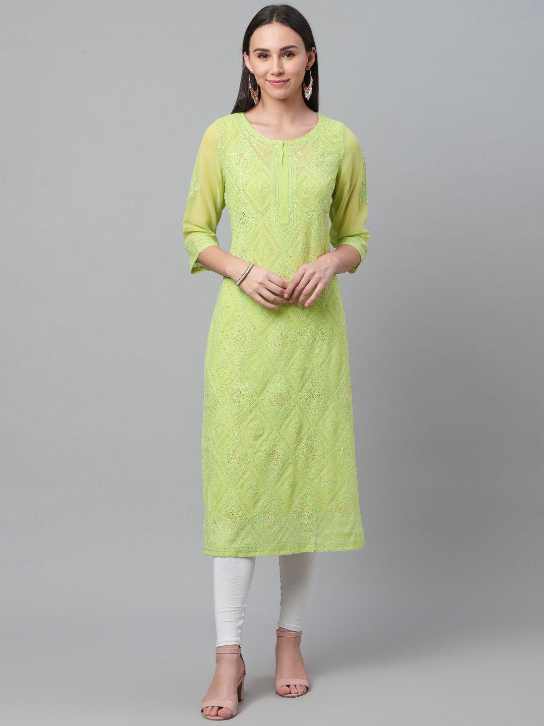 akheri women green chikankari embroidered straight kurta