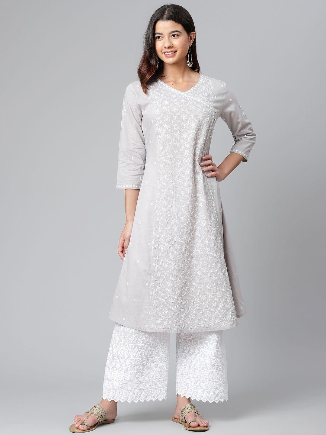 akheri women grey & white pure cotton ethnic motifs  chikankari embroidered kurta