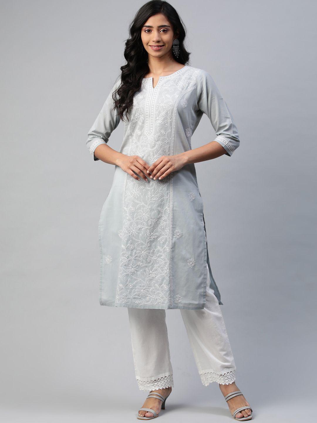 akheri women grey ethnic motifs embroidered chikankari cotton kurta