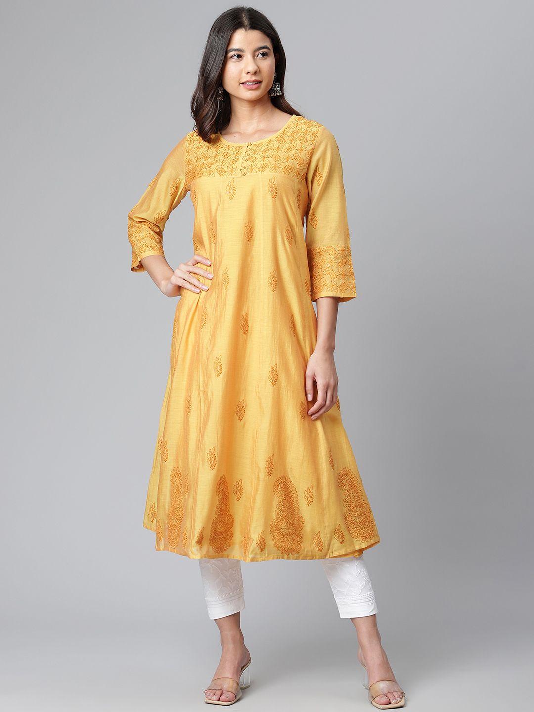 akheri women mustard yellow ethnic motifs embroidered chikankari kurta