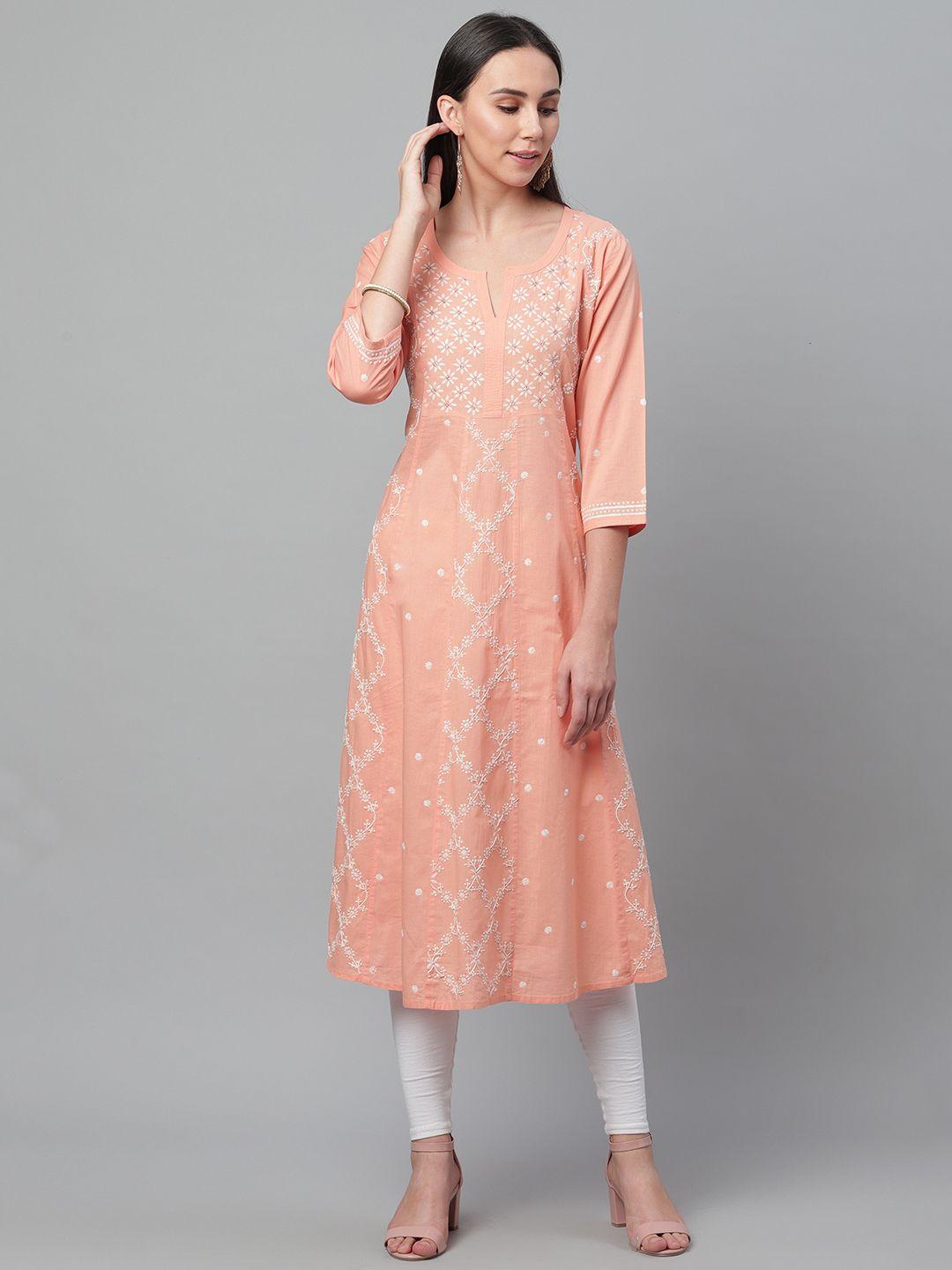 akheri women peach-coloured & white chikankari embroidered a-line kurta