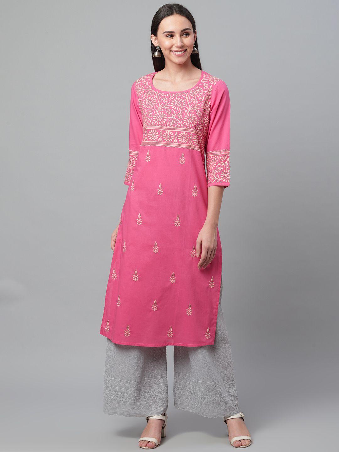 akheri women pink & beige chikankari embroidered straight kurta