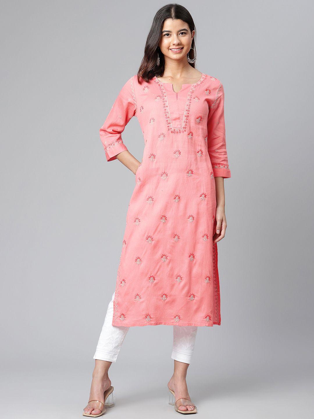 akheri women pink & grey pure cotton ethnic motifs chikankari embroidered  kurta