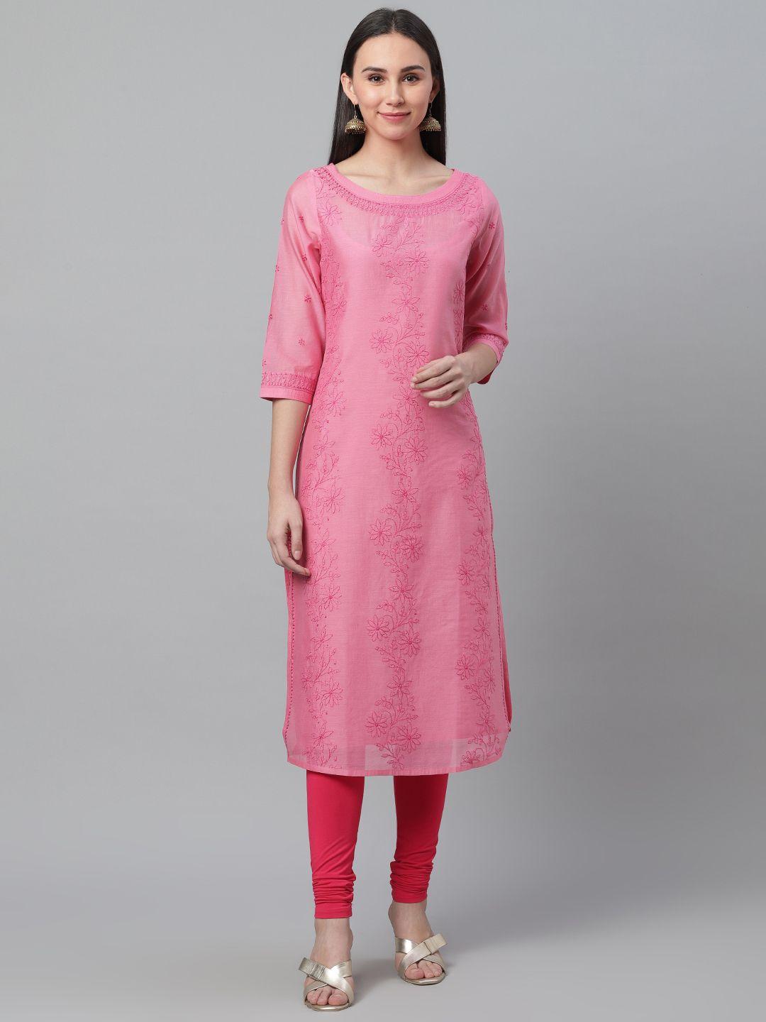 akheri women pink chikankari embroidered straight kurta